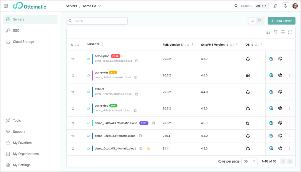 Ottomatic Cloud Console unified servers list